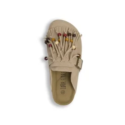 Sabot da Donna khaki effetto suede con frange e perline Primopiano
