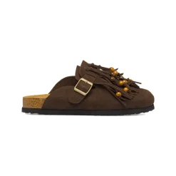 Sabot marroni da Donna effetto suede con frange e perline Primopiano