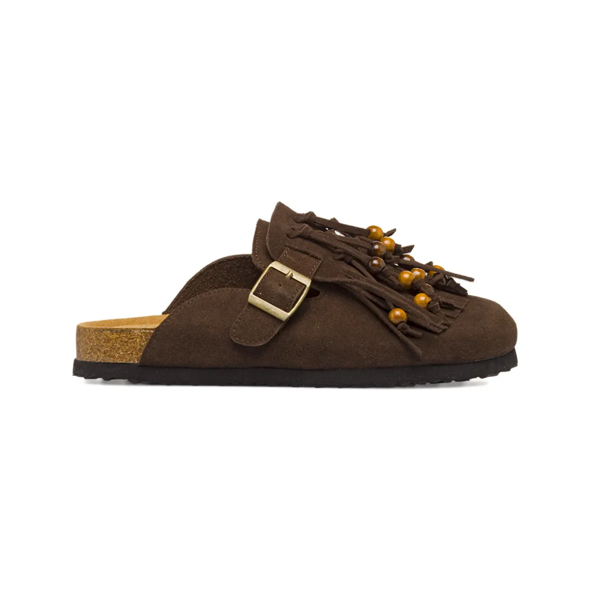 Sabot marroni da Donna effetto suede con frange e perline Primopiano