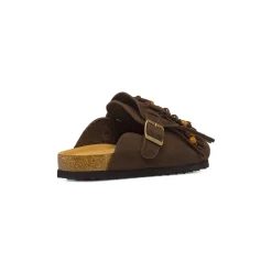 Sabot marroni da Donna effetto suede con frange e perline Primopiano