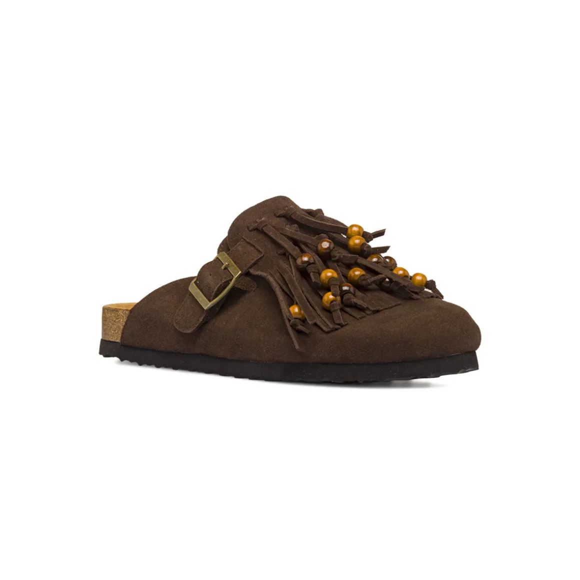 Sabot marroni da Donna effetto suede con frange e perline Primopiano