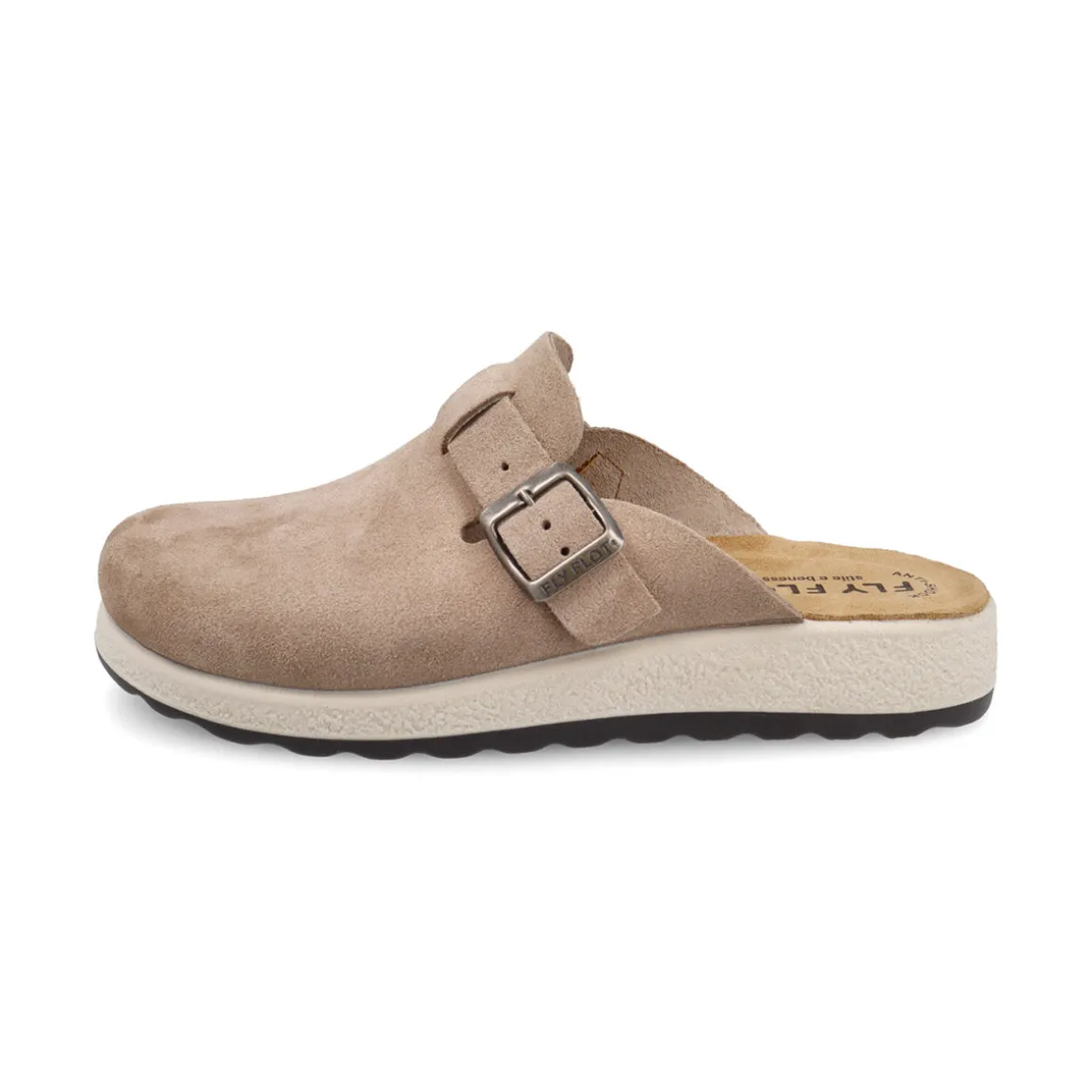Sabot marroni da Donna in pelle effetto scamosciato con fibbia regolabile Fly Flot