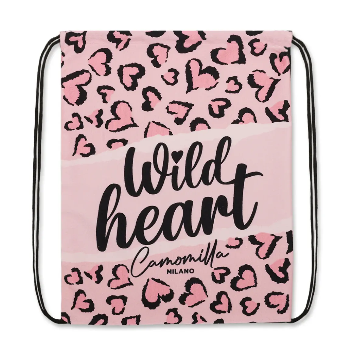 Sacca Zaino in Tessuto Rosa con Stampa Wild Heart e Laccetti Neri Camomilla Milano