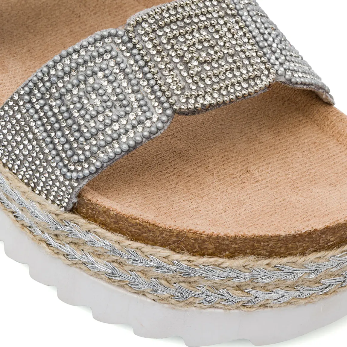 Sandali Argento da Donna con dettagli Strass Gioiello e suola in Rafia Lora Ferres
