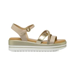 Sandali Comfort con zeppa da Donna beige e oro con strass P Soft