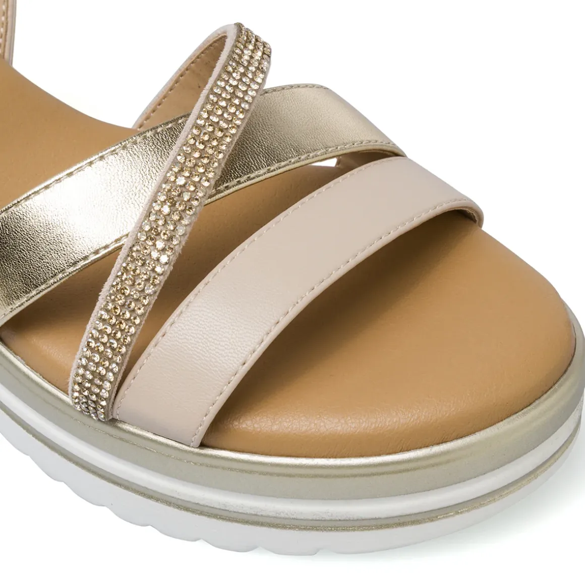 Sandali Comfort con zeppa da Donna beige e oro con strass P Soft