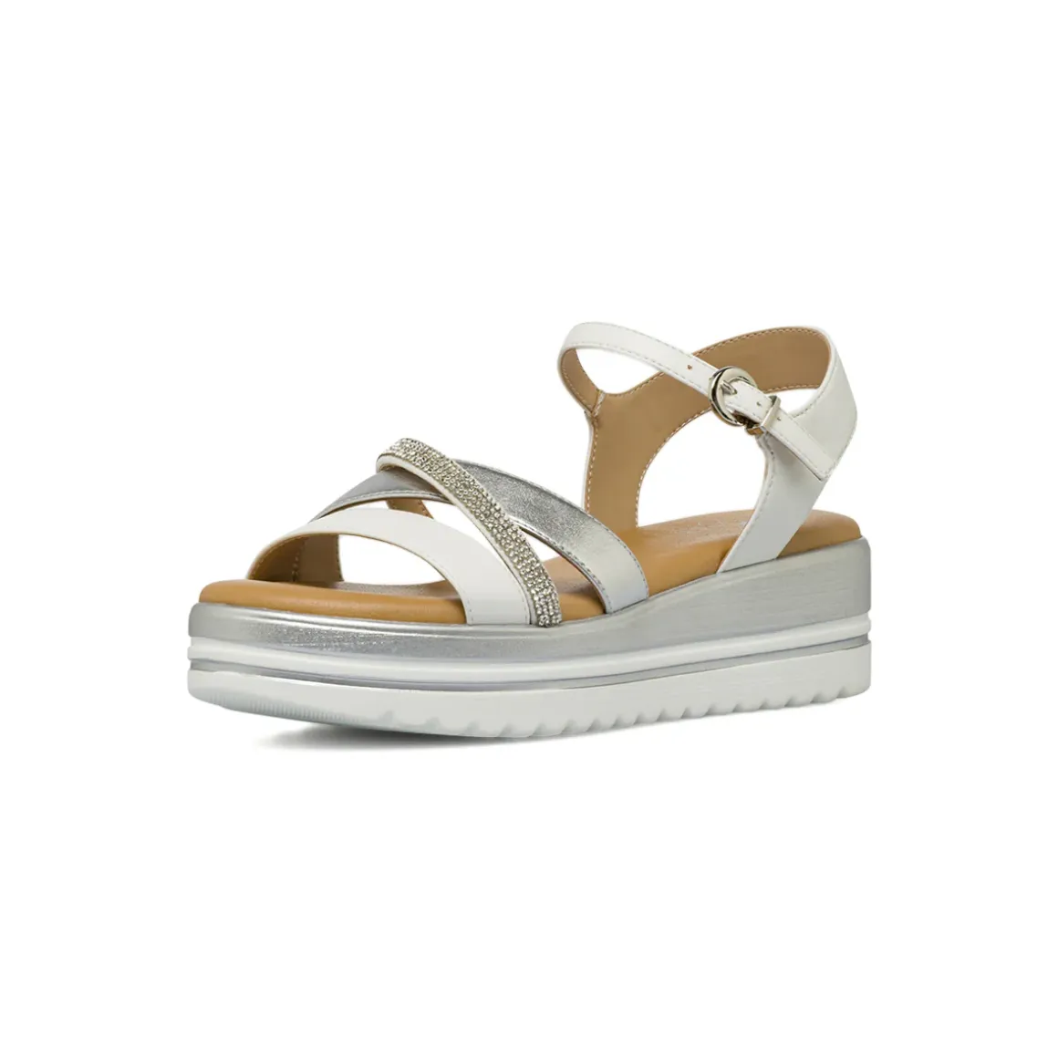 Sandali comfort da Donna argento e bianchi con zeppa e strass P Soft
