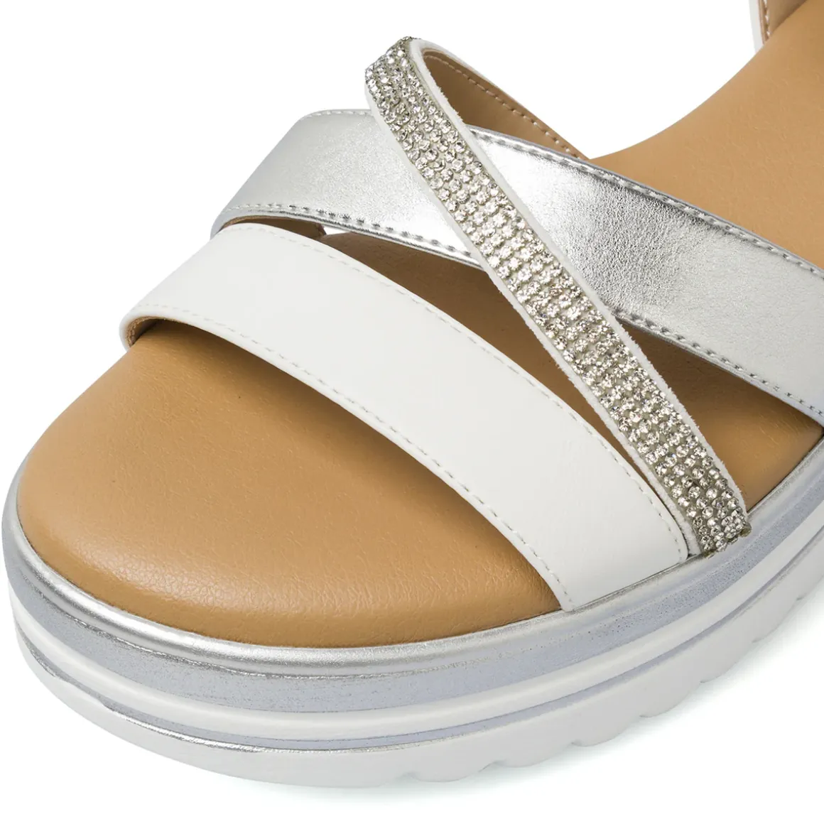 Sandali comfort da Donna argento e bianchi con zeppa e strass P Soft