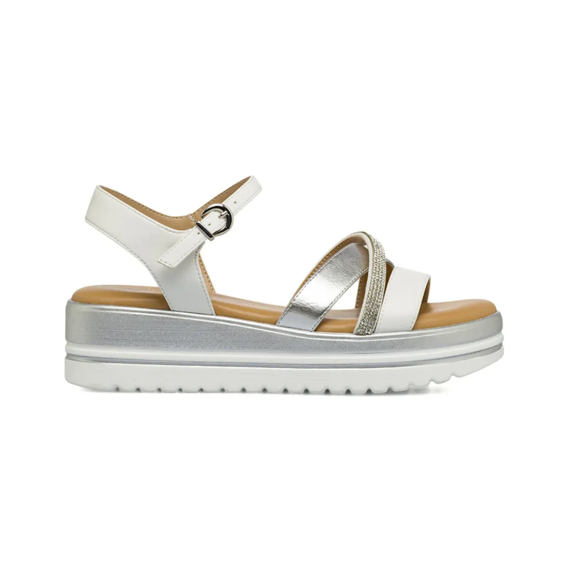 Sandali comfort da Donna argento e bianchi con zeppa e strass P Soft