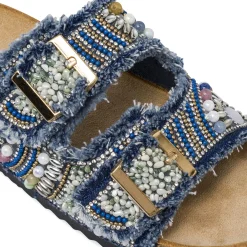 Sandali flat Blu Donna effetto denim con doppia fascia Lora Ferres