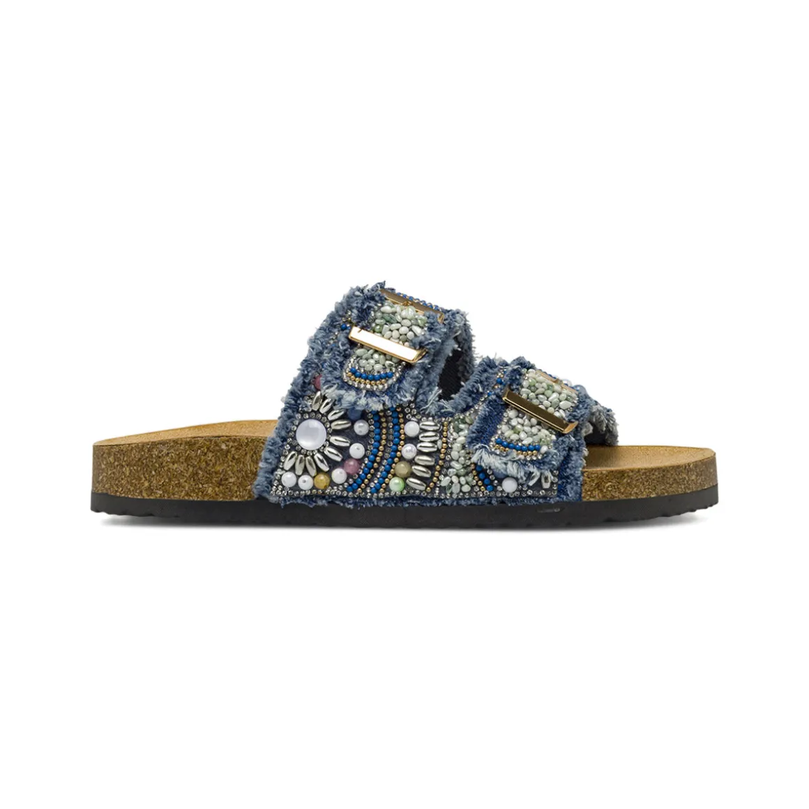 Sandali flat Blu Donna effetto denim con doppia fascia Lora Ferres