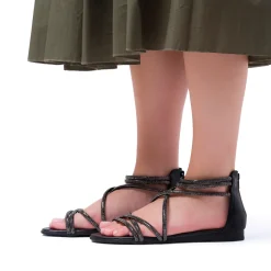 Sandali Flat Neri da Donna con dettaglio gioiello Strass Lora Ferres