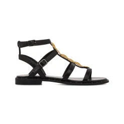 Sandali flat neri da Donna con dettaglio gioiello in metallo oro Lora Ferres