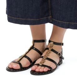 Sandali flat neri da Donna con dettaglio gioiello in metallo oro Lora Ferres