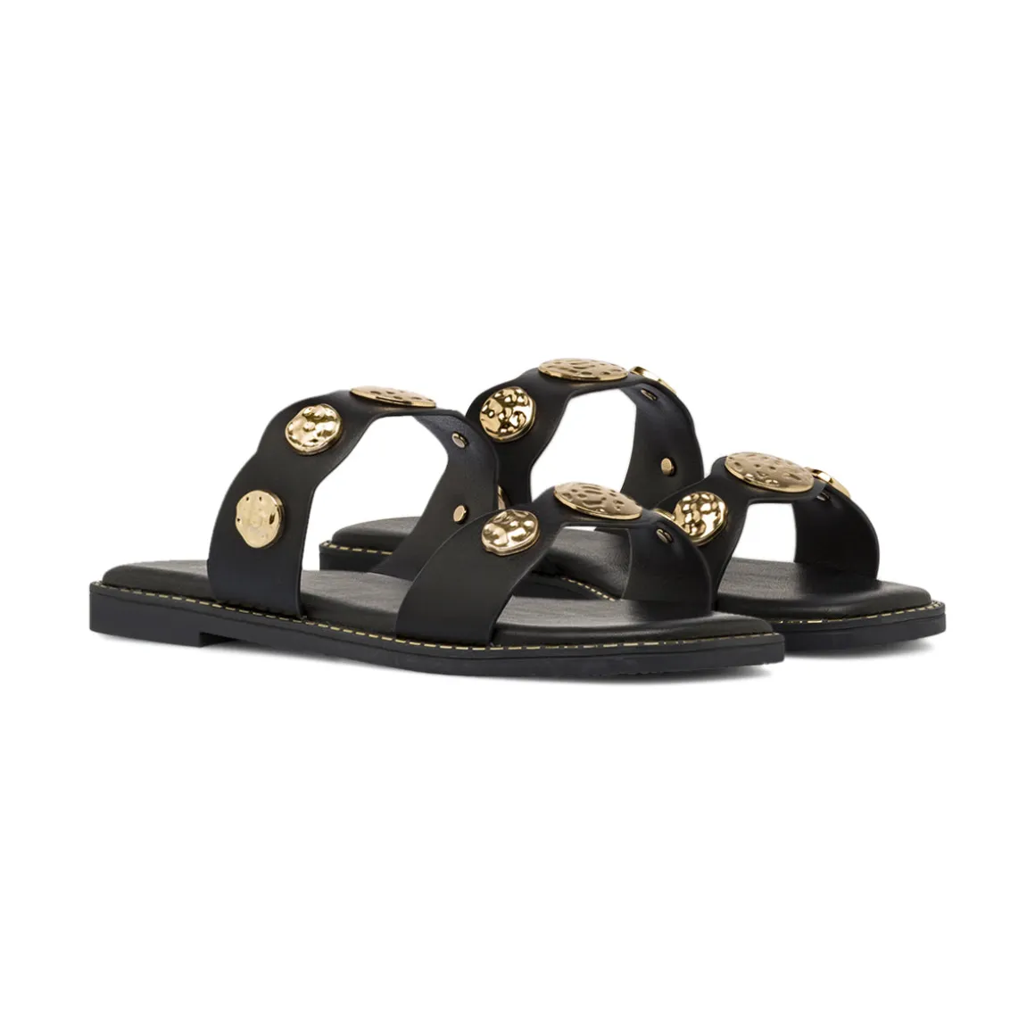 Sandali flat Neri Donna con dettagli medaglioni dorati Lora Ferres
