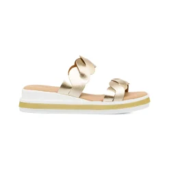 Sandali oro da donna con doppia fascia intrecciata e zeppa comoda P Soft