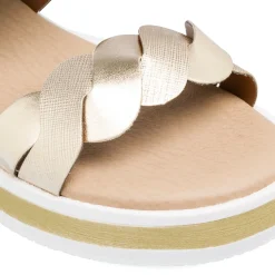 Sandali oro da donna con doppia fascia intrecciata e zeppa comoda P Soft