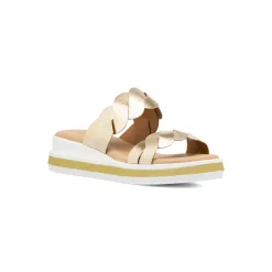 Sandali oro da donna con doppia fascia intrecciata e zeppa comoda P Soft