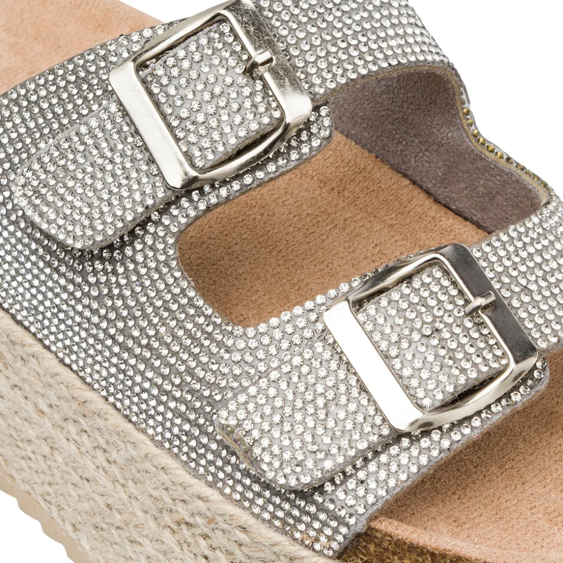 Sandali Platform Argento con Strass e suola in Rafia da Donna Lora Ferres