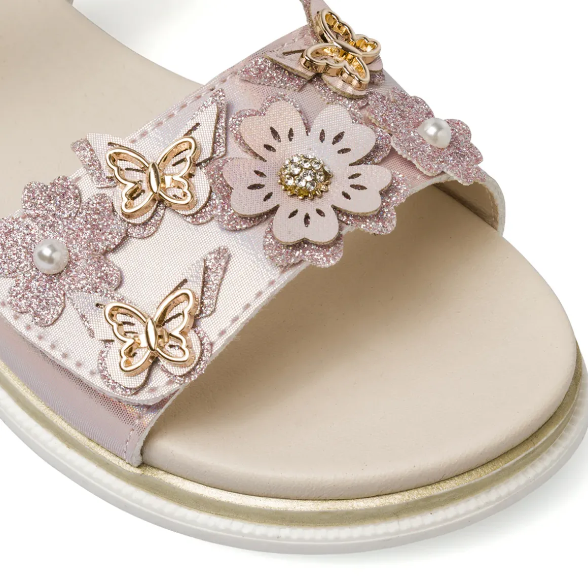 Sandali rosa iridescente da Bambina con fiori e farfalle Dieci Baci