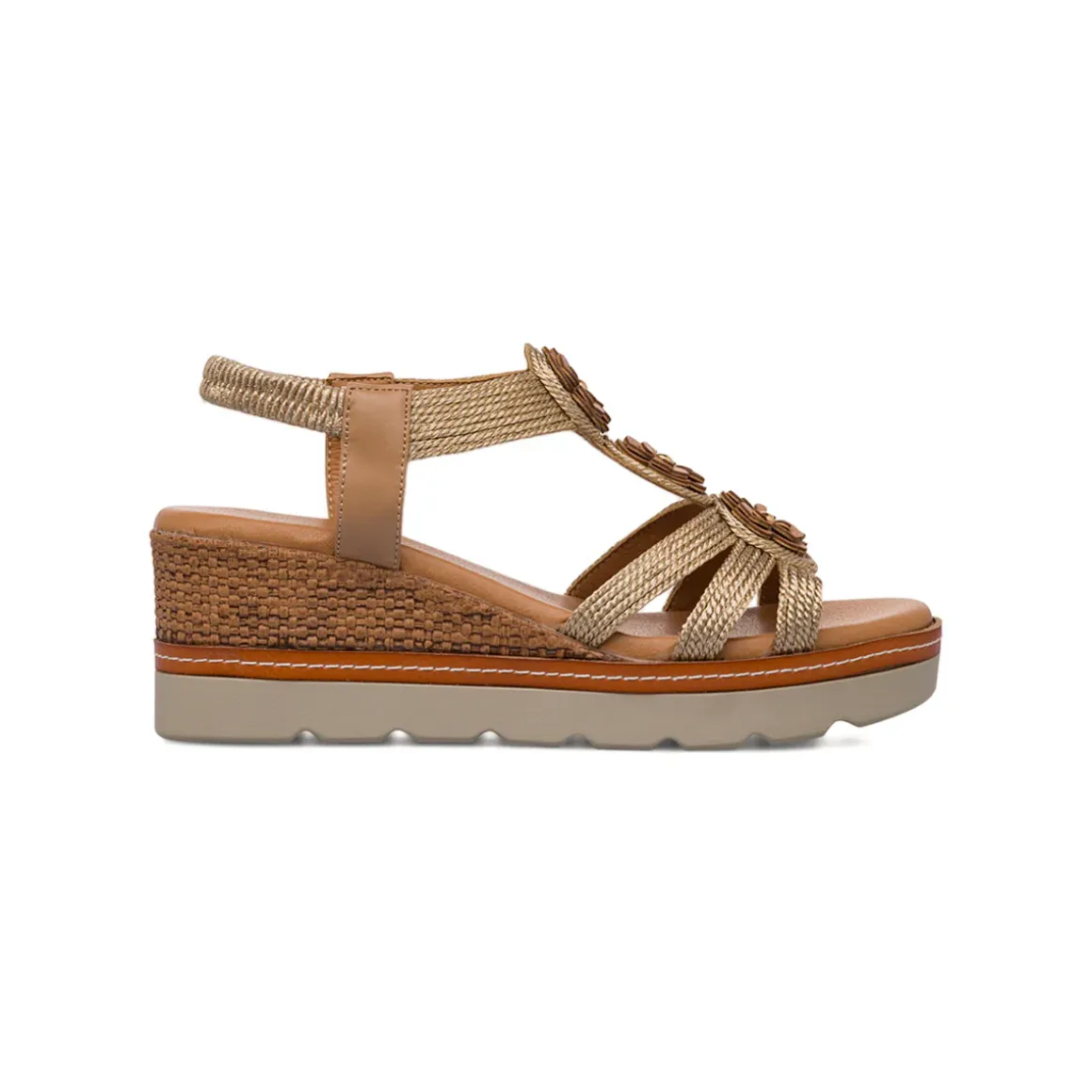 Sandali Zeppe Oro da Donna con dettaglio fiori in rilievo e tacco 6 cm P Soft