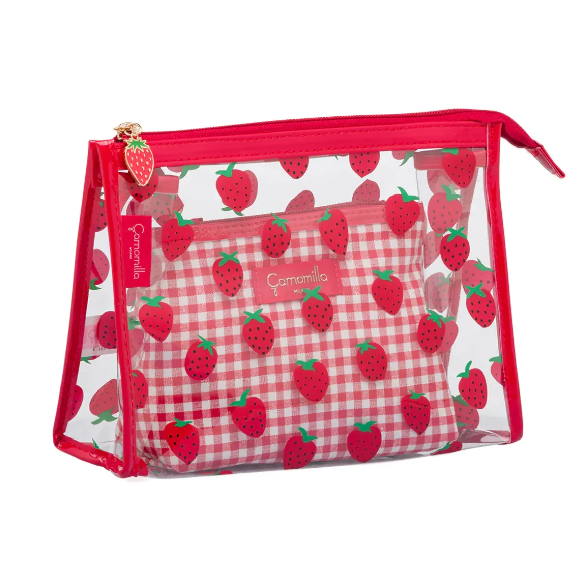 Set Beauty Case rosso con stampa fragole Camomilla Milano