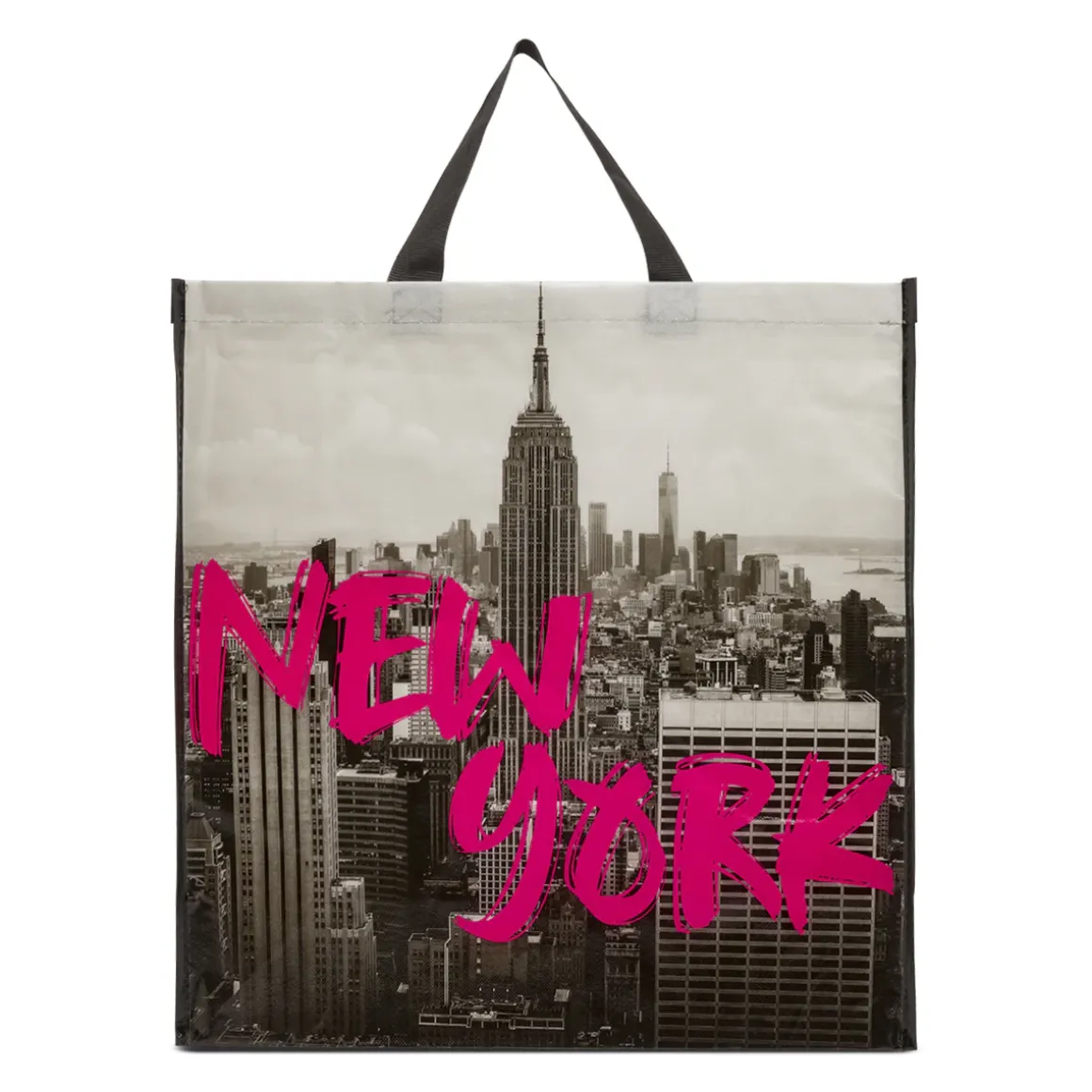 Shopper grande nera con stampa New York e scritta fucsia PittaRosso