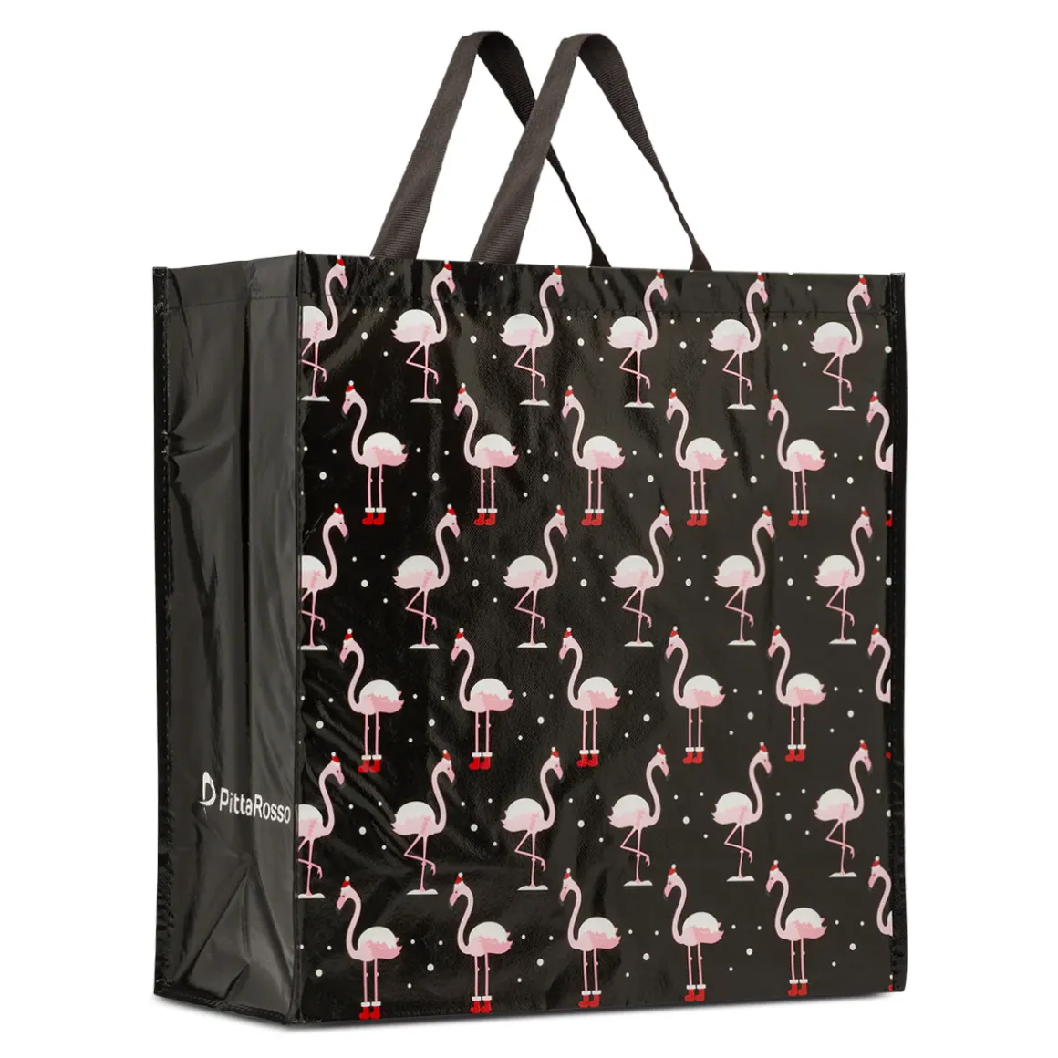 Shopper natalizia nera grande in TNT con grafica fenicotteri