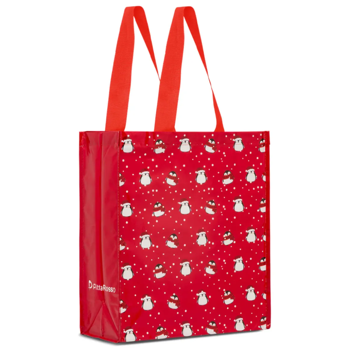 Shopper natalizia rossa media in TNT con grafica Pinguini