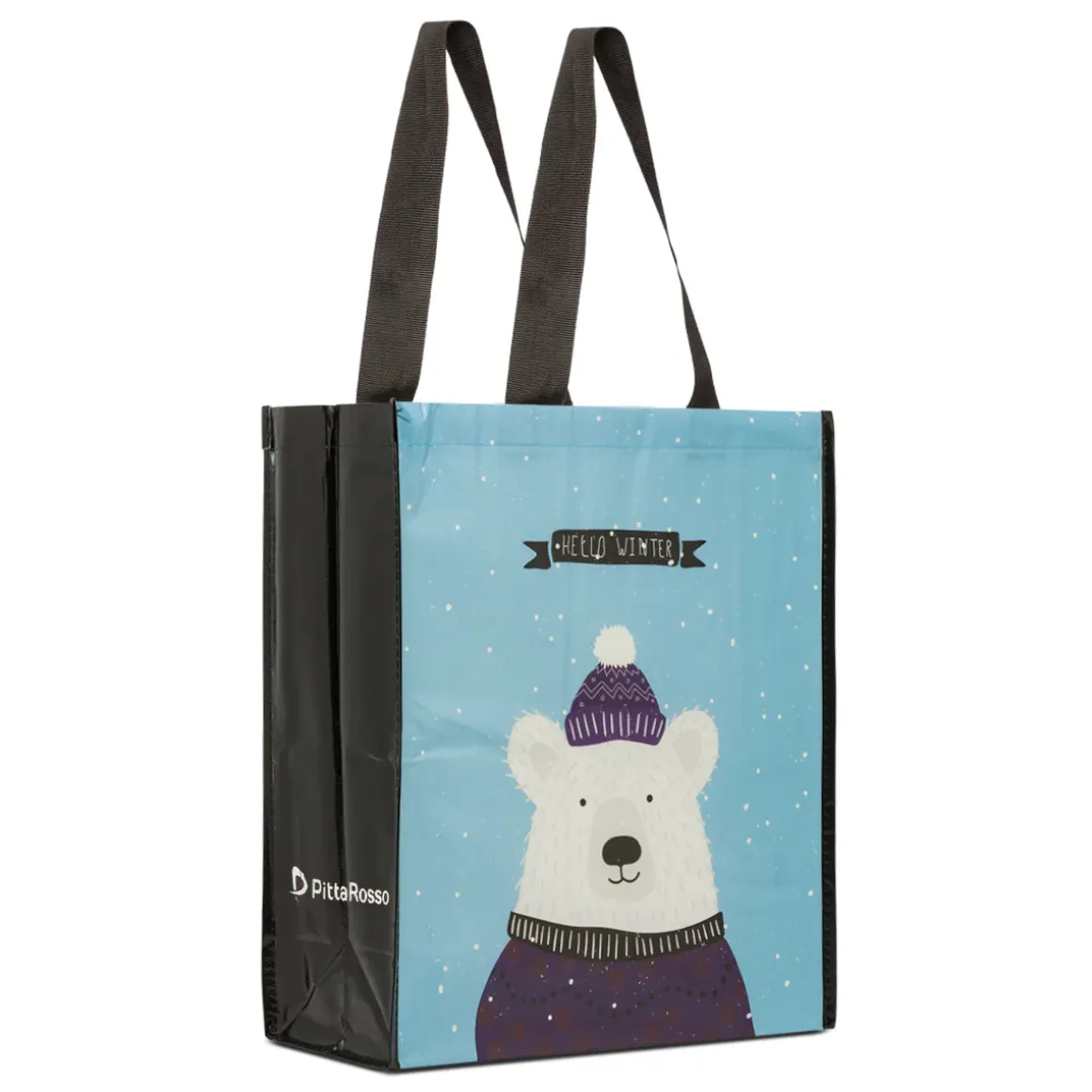 Shopper riutilizzabile azzurra e nera media in TNT con grafica orso