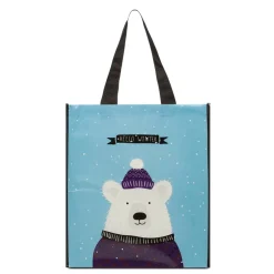 Shopper riutilizzabile azzurra e nera media in TNT con grafica orso