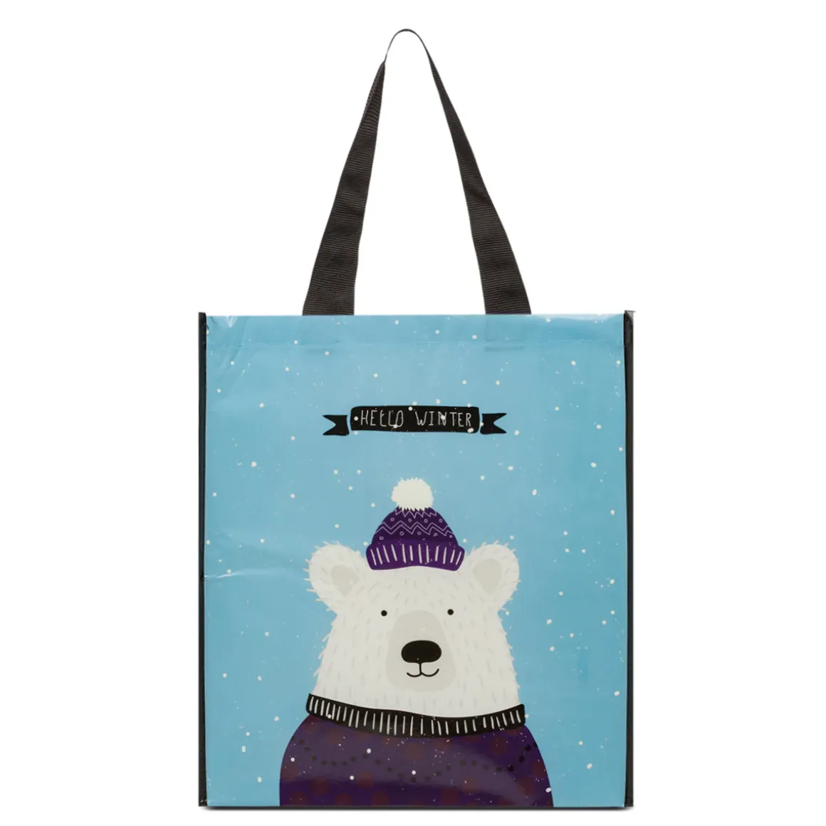 Shopper riutilizzabile azzurra e nera media in TNT con grafica orso
