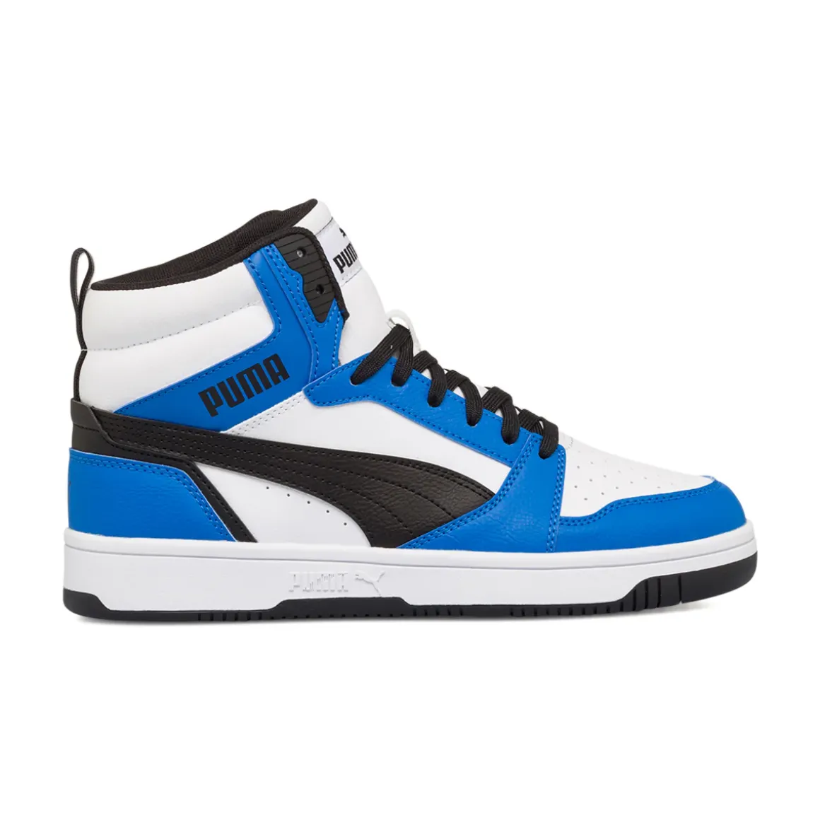 Sneakers alte bianche, blu e nere da ragazzo Puma Rebound V6 Mid Jr