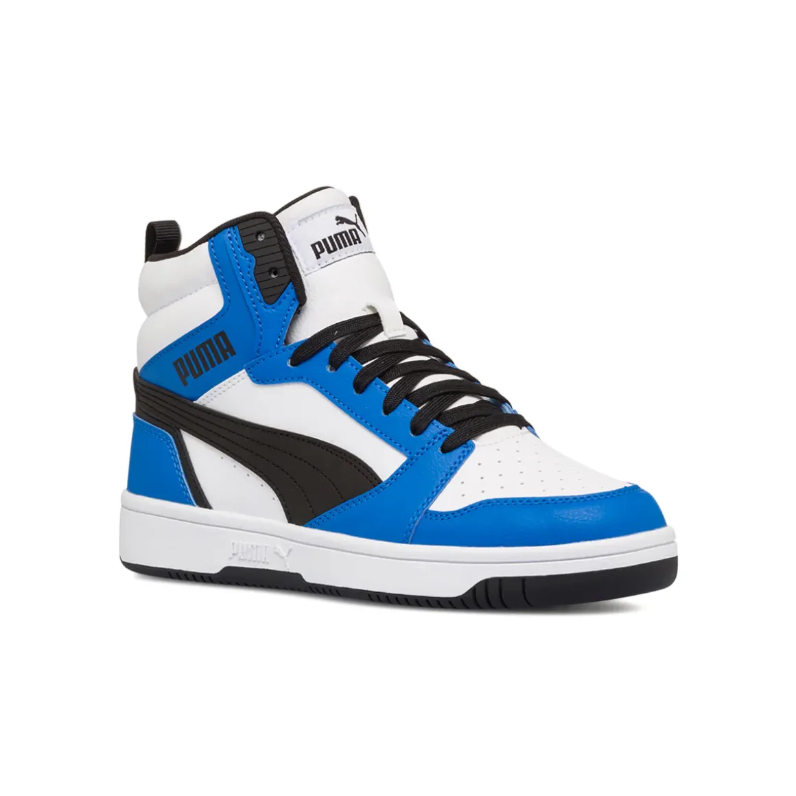 Sneakers alte bianche, blu e nere da ragazzo Puma Rebound V6 Mid Jr