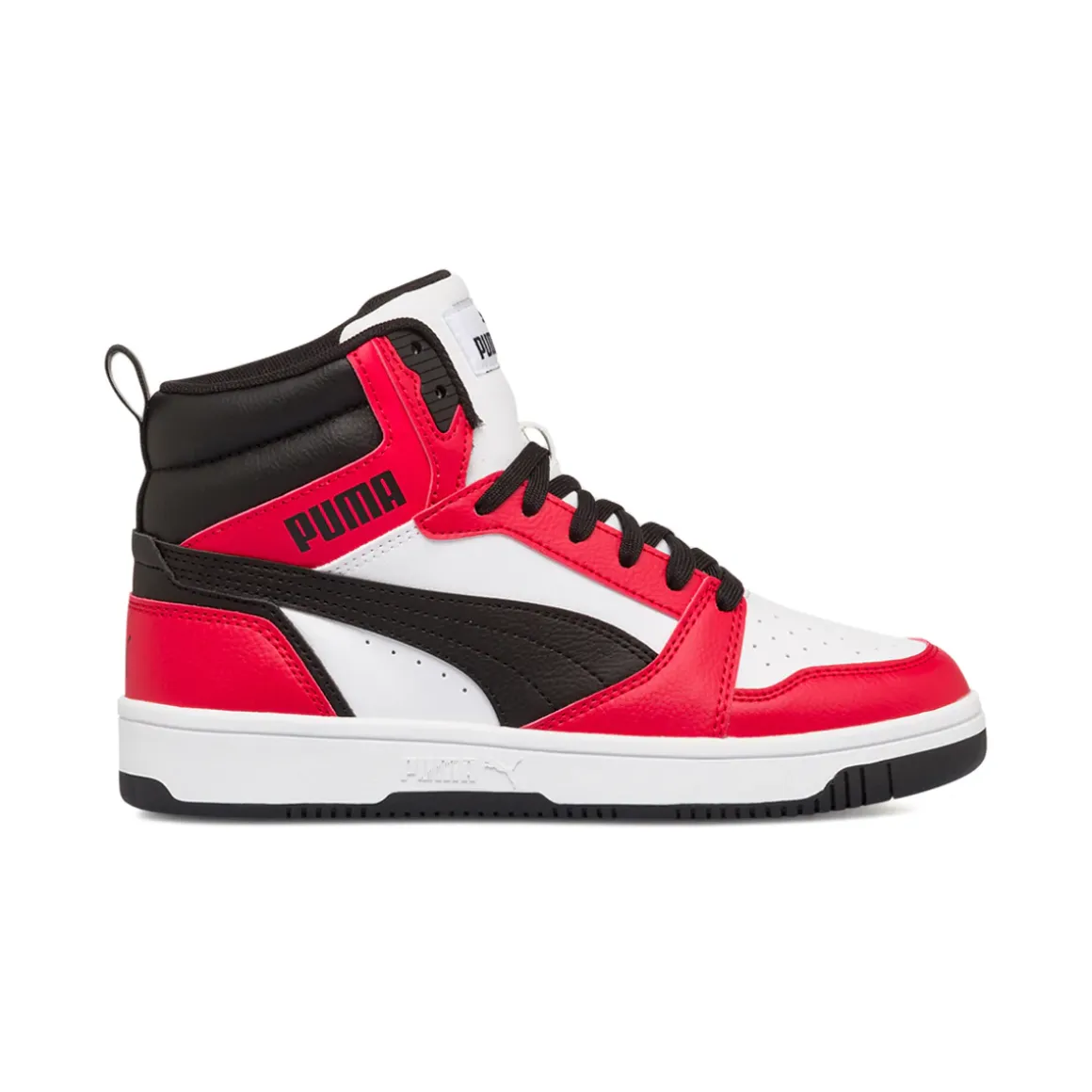 Sneakers alte bianche, rosse e nere da ragazzo Puma Rebound V6 Mid Jr