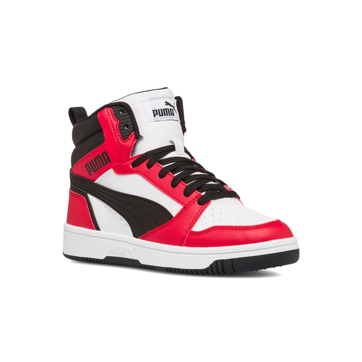 Sneakers alte bianche, rosse e nere da ragazzo Puma Rebound V6 Mid Jr