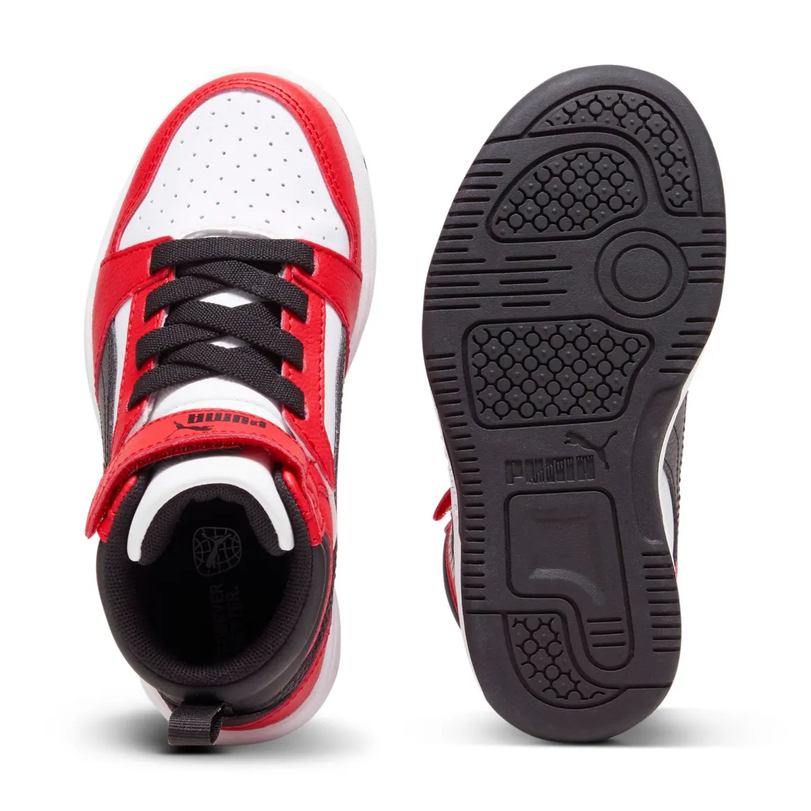 Sneakers alte bianche, rosse e nere da bambino Puma Rebound v6 Mid AC+ PS