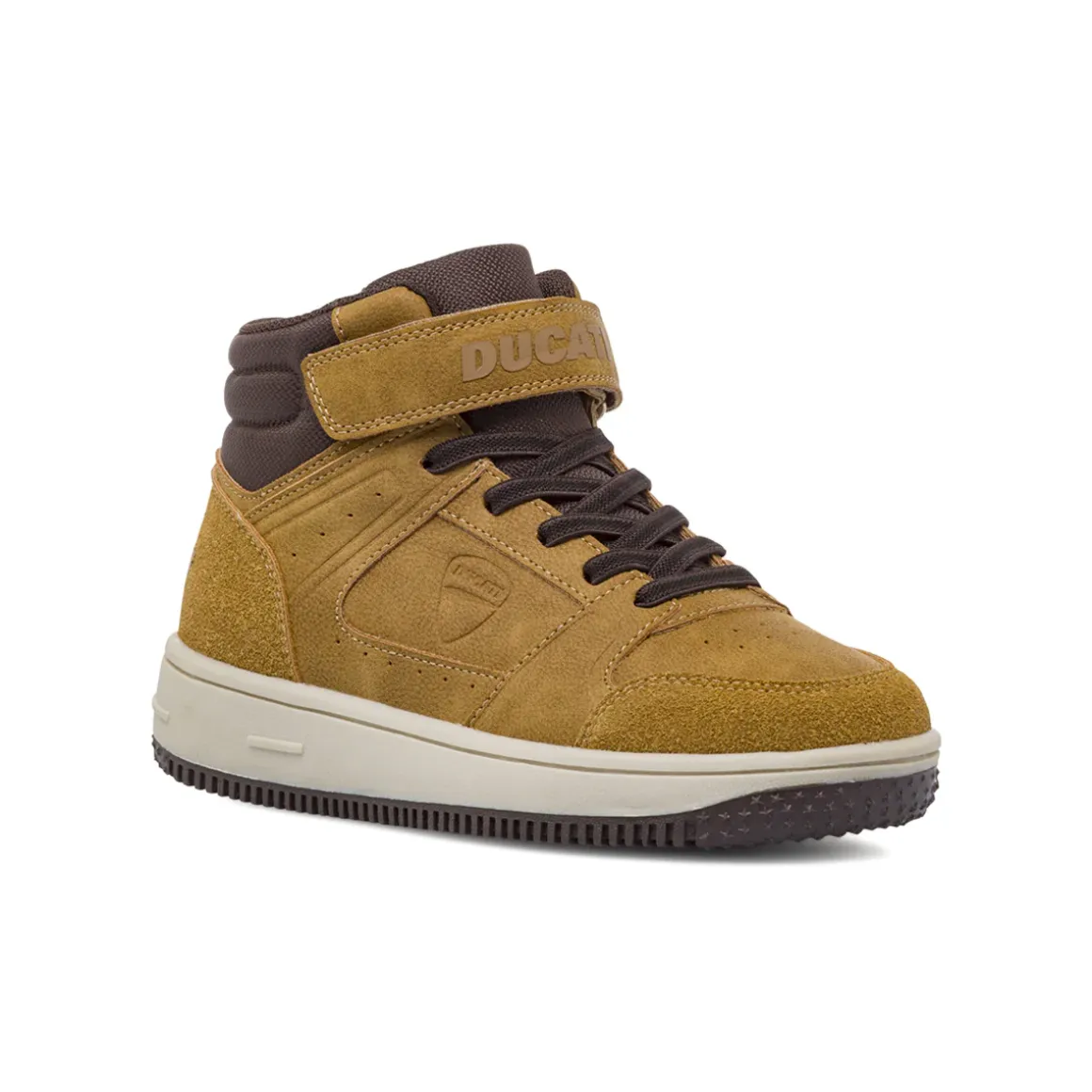 Sneakers alte ocra con dettagli marroni e strappo da Bambino Ducati