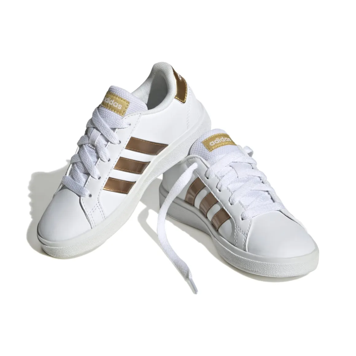 Sneakers bianche da ragazza con strisce oro adidas Grand Court 2.0 K
