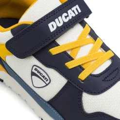 Sneakers bianche e blu da Ragazzo con dettagli gialli e strappo Ducati