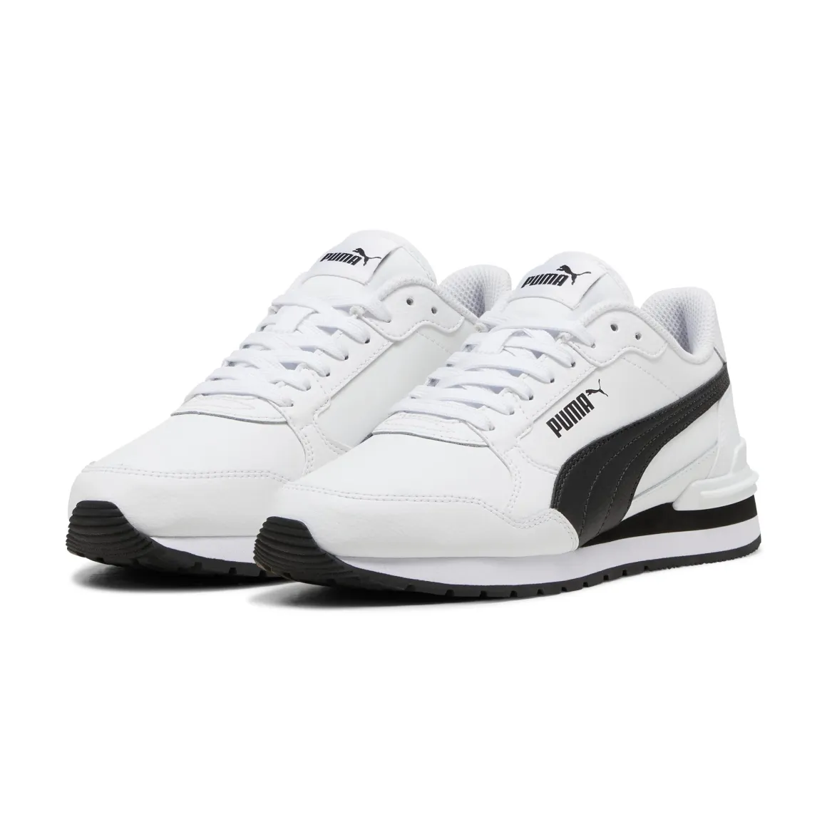 Sneakers bianche e nere da ragazzo e ragazza con logo Puma Runner v4