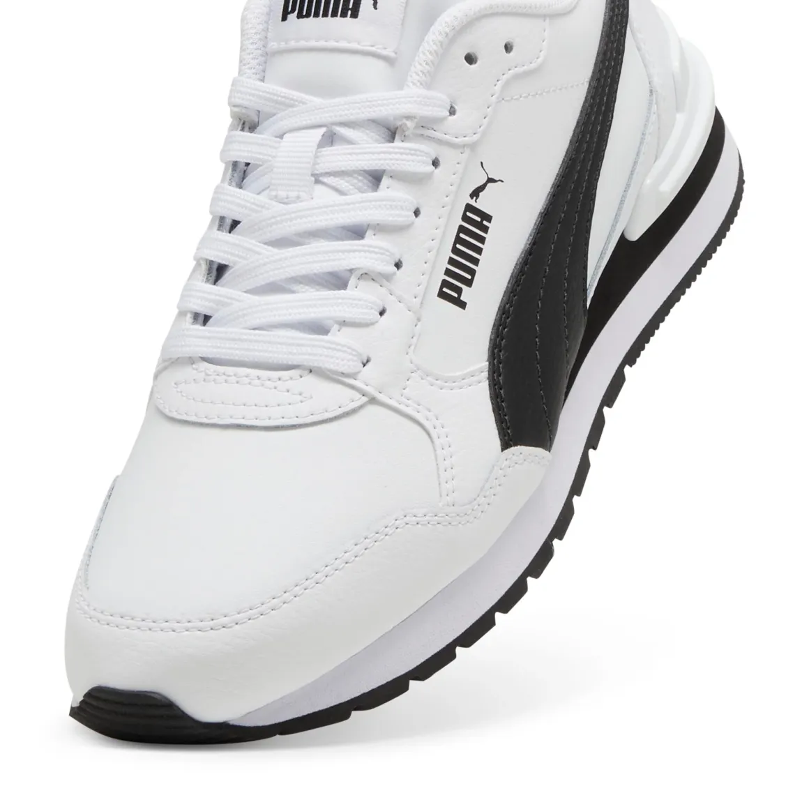 Sneakers bianche e nere da ragazzo e ragazza con logo Puma Runner v4