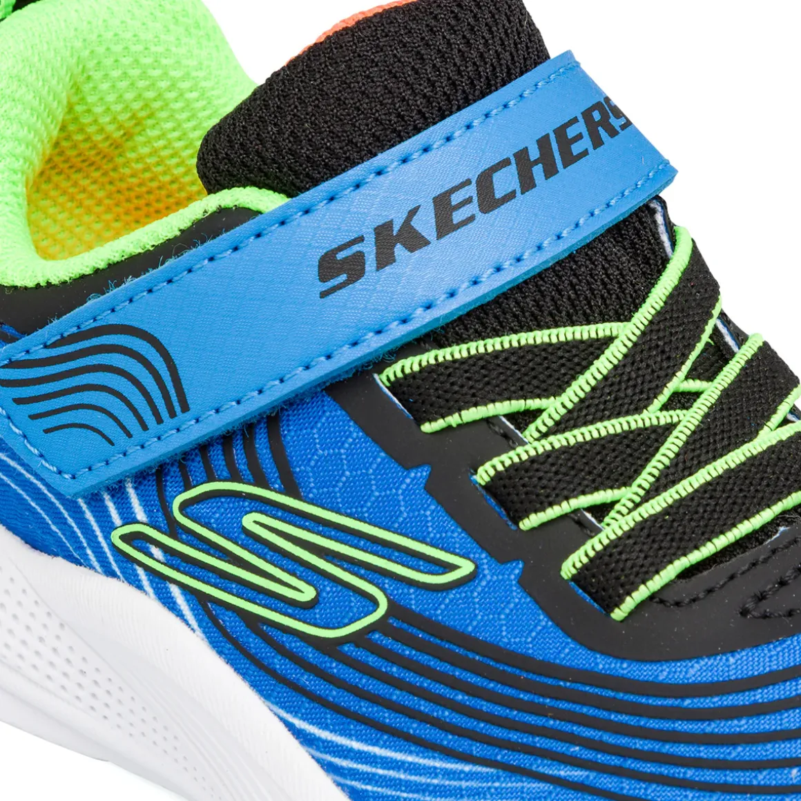 Sneakers blu primi passi bambino con dettaglio verde e arancione fluo Skechers Microspec Advance
