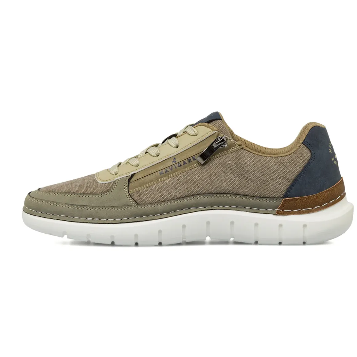 Sneakers casual da Uomo Khaki con zip laterale e suola bianca Navigare