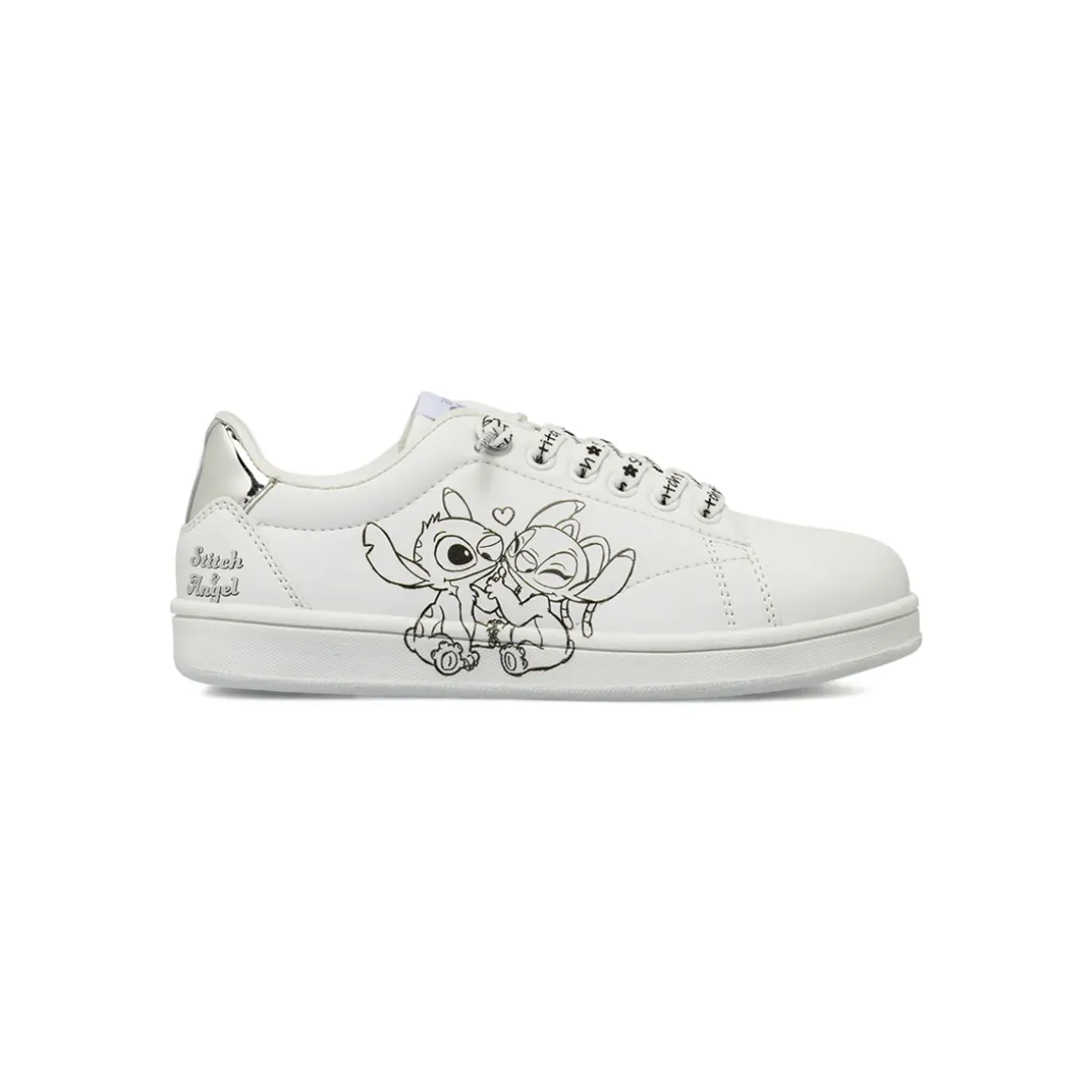 Sneakers da bambina bianche e argento con grafiche Stitch e Angel