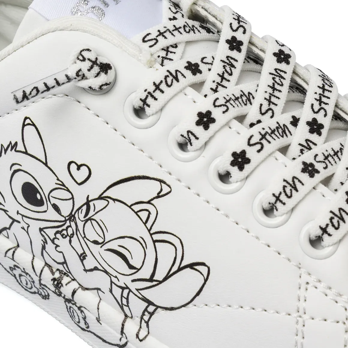 Sneakers da bambina bianche e argento con grafiche Stitch e Angel