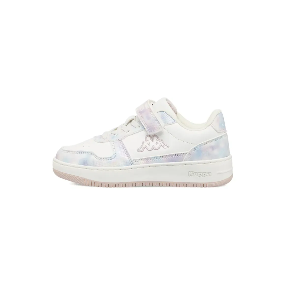 Sneakers da bambina Kappa bianche con strappo e dettagli iridescenti