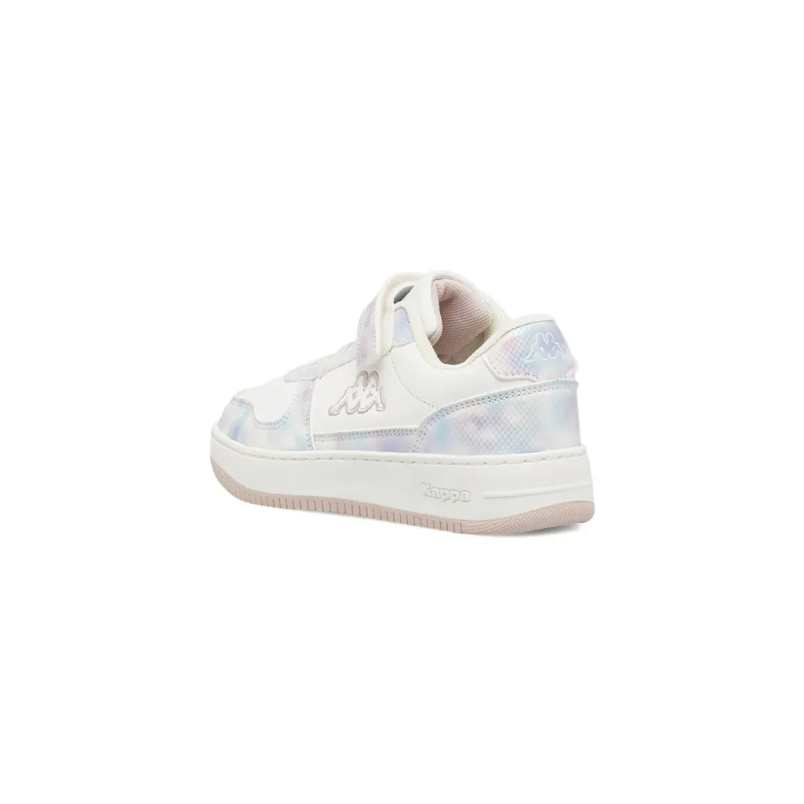 Sneakers da bambina Kappa bianche con strappo e dettagli iridescenti