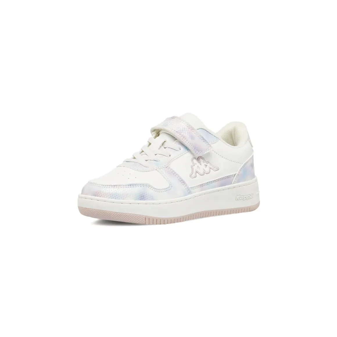 Sneakers da bambina Kappa bianche con strappo e dettagli iridescenti
