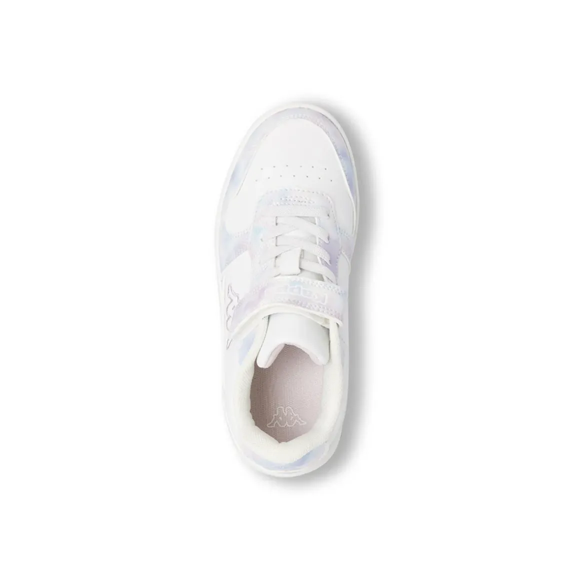 Sneakers da bambina Kappa bianche con strappo e dettagli iridescenti
